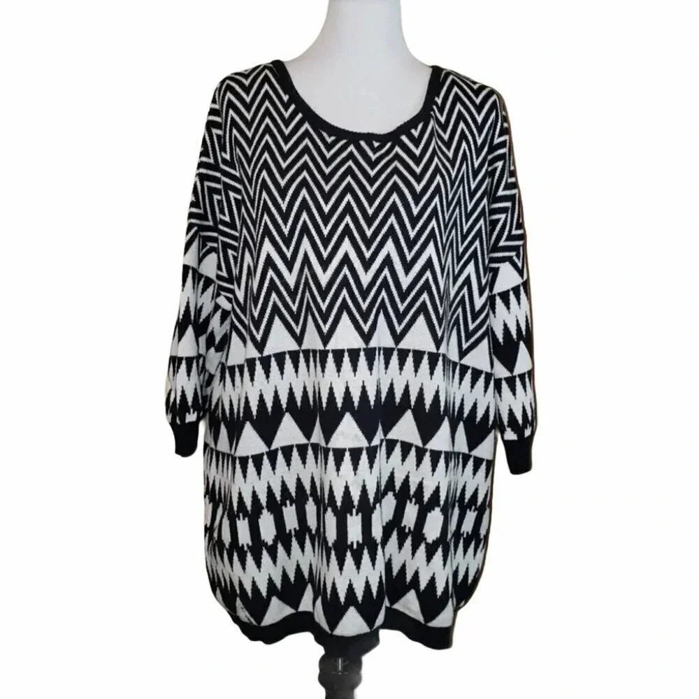 Fever Sweater‎ XL Black White Geometric Chevron Zig Zag Cotton Tunic Scoop Neck